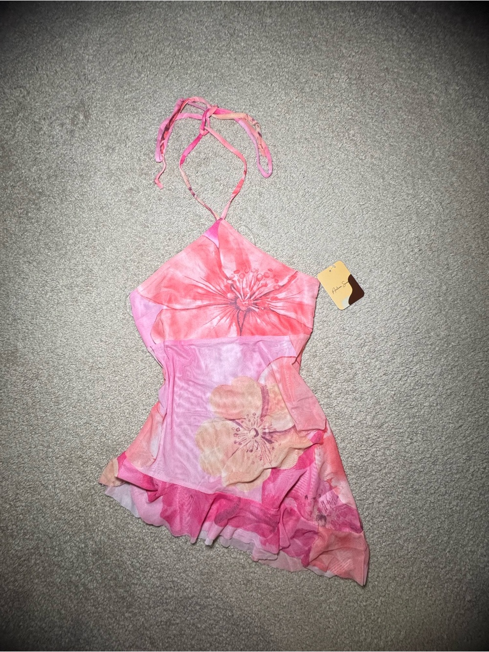 Pink Floral Beach Tropical Halter Junior's Blouse Mesh Top